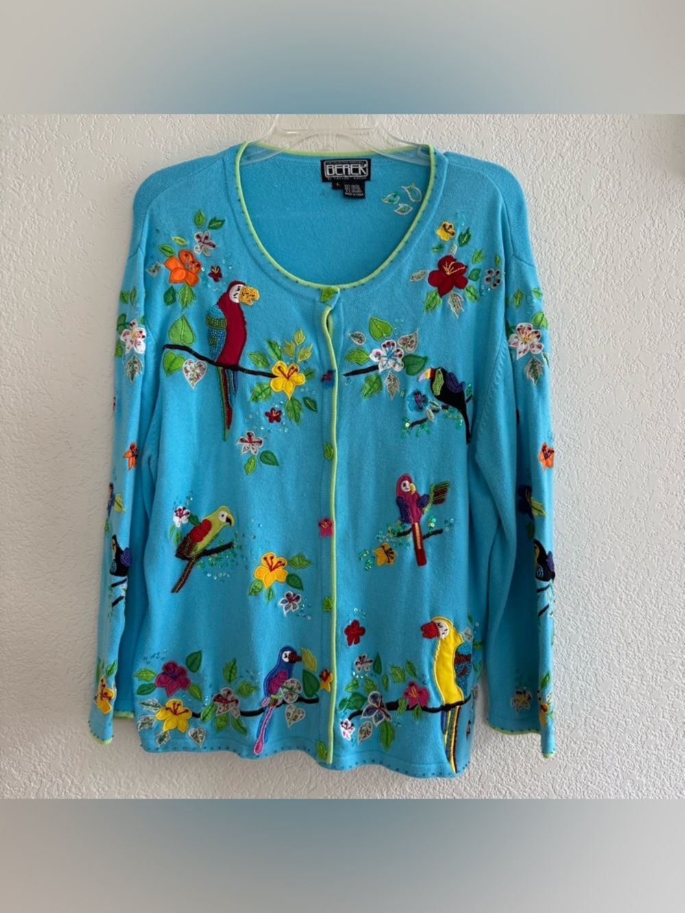 VTG Berek Turquoise Cardigan Paradise Tropical Birds Parrots Toucan Novelty L